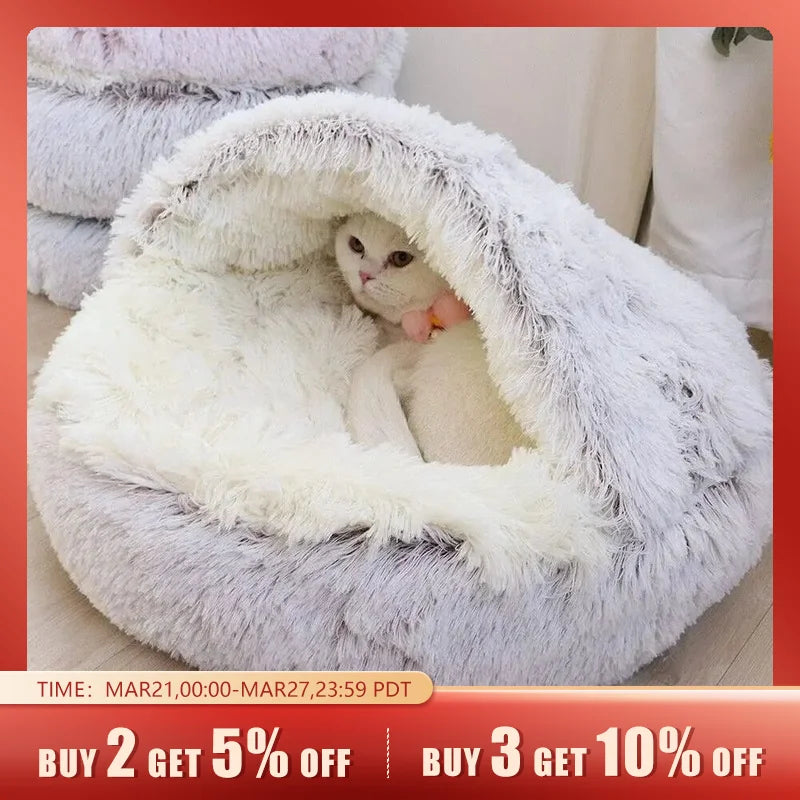 Soft Plush Pet Bed with Cover Round Cat Bed Pet Mattress Warm Cat Dog 2 in 1 Sleeping Nest Cave for Small Dogs
